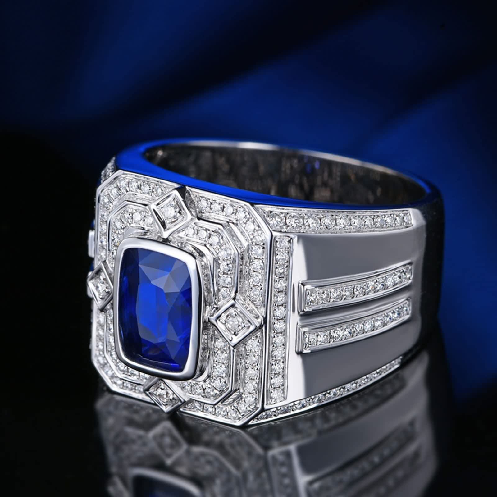 Anillo Zafiro Y Plata, Anillo Vintage Azul Oro Blanco 18K Azul Forma Rectangular Diamante Blanco para Esposo con Joyero