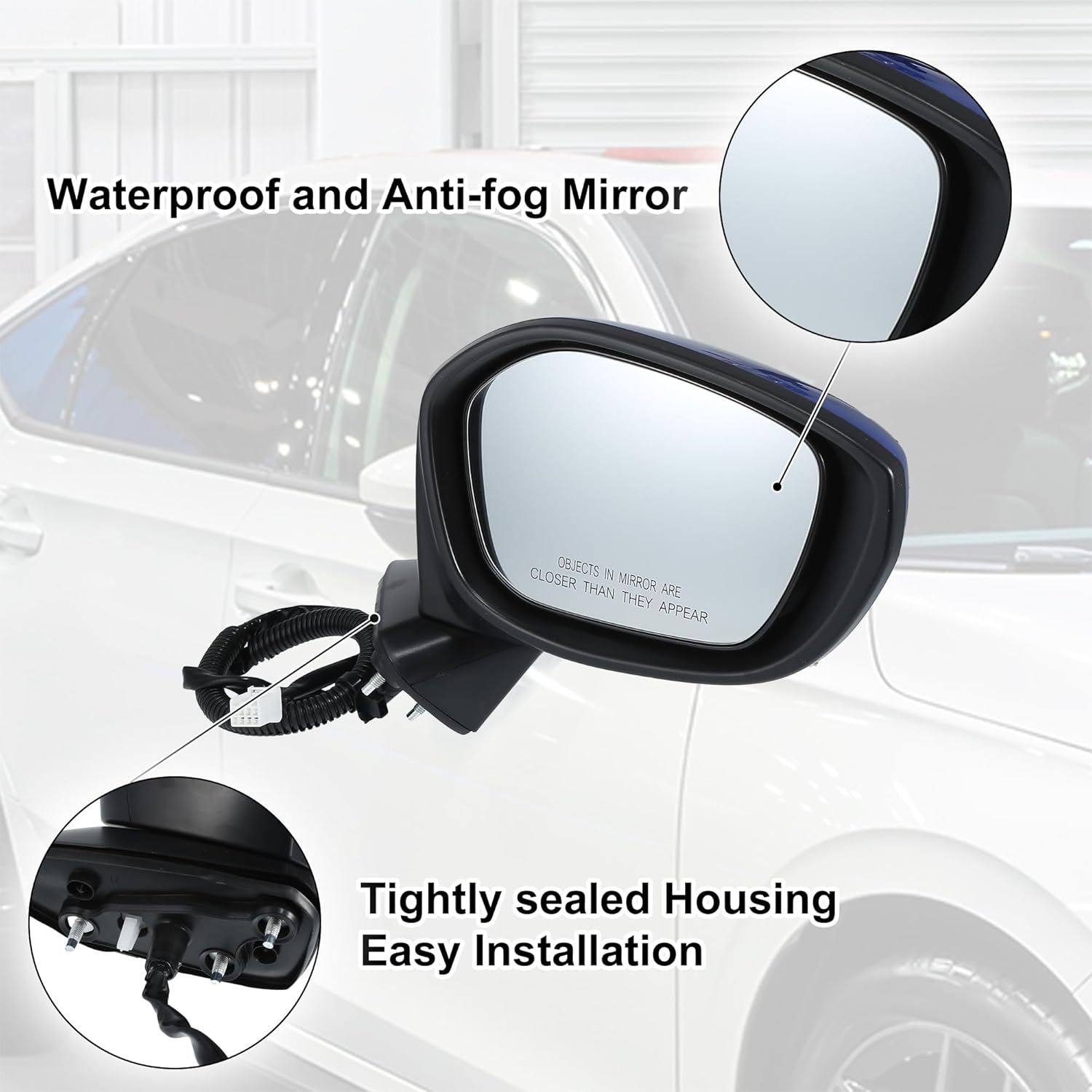 X AUTOHAUX Door Mirror Assembly Right Passenger Side for Honda Civic 2022-2023 Power Glass Non-Heated Manual Folding 3 Pins Blue Paint to Match Replace No.76258T20A01