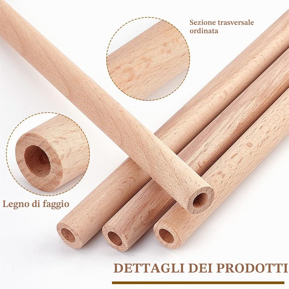 OLYCRAFT 12pz Bastoncini di Legno Cavi Tondi da 20x15 cm con foro da 8 mm in legno di faggio non finito aste rotonde in legno cavo naturale per progetti artistici fai da te e artigianato