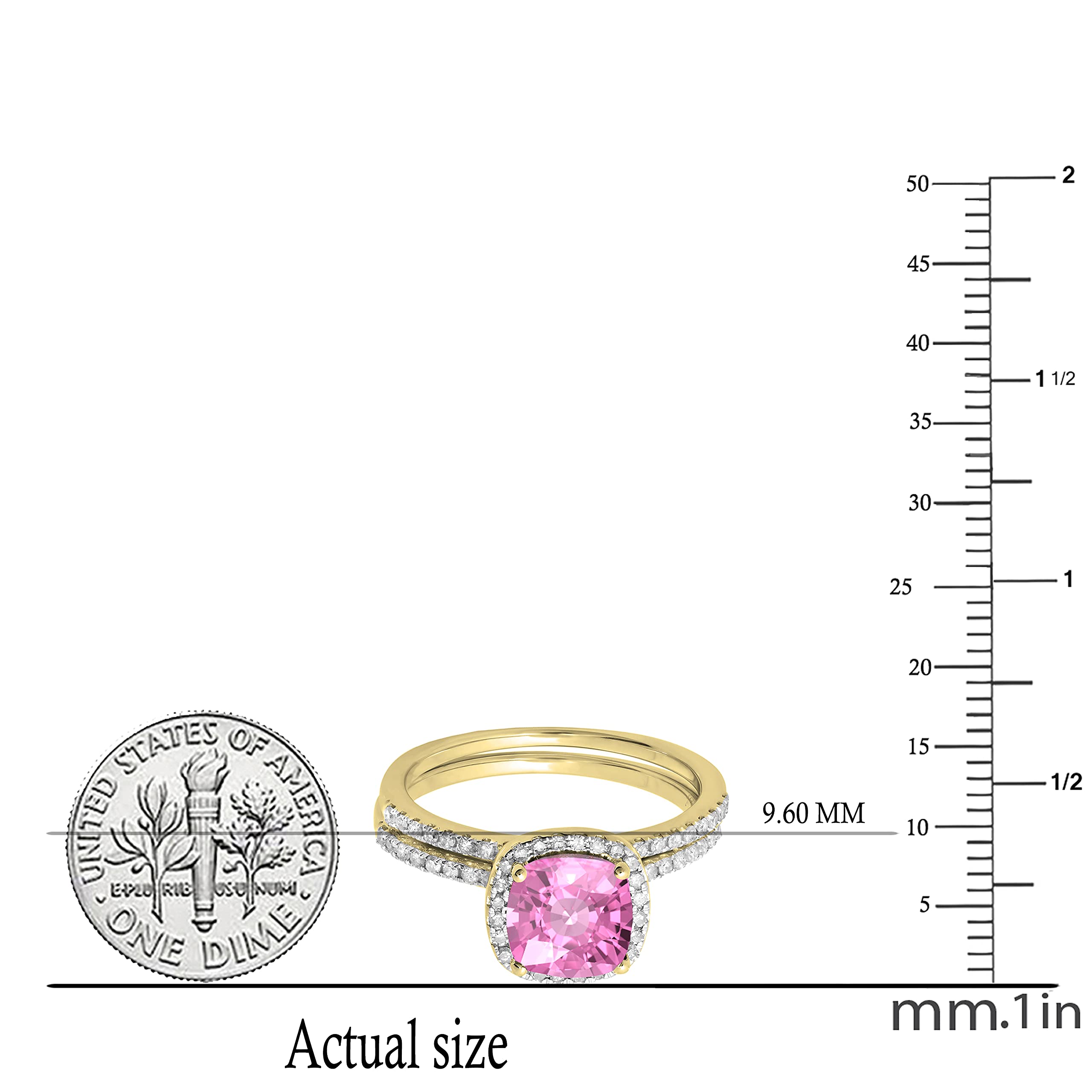 Set di fedi nuziali in oro giallo 10 K da 7 mm con zaffiro rosa e diamanti rotondi (misura 8), Metallo, Zaffiro rosa sintetico