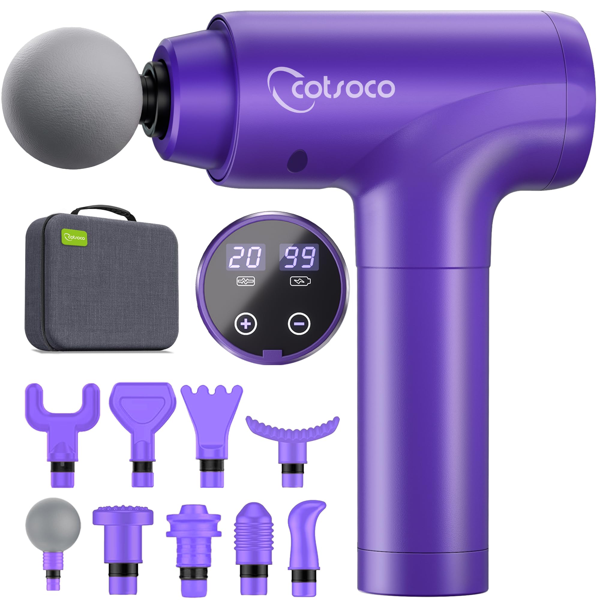 cotsoco Massage Gun Deep Tissue, Muscle Massage Gun with 9 Attachment Heads 20 Speeds &amp; Silent Brushless Motor for Pain Relief, Handheld Percussion Back Massager Gun,Gift for Mom/Dad