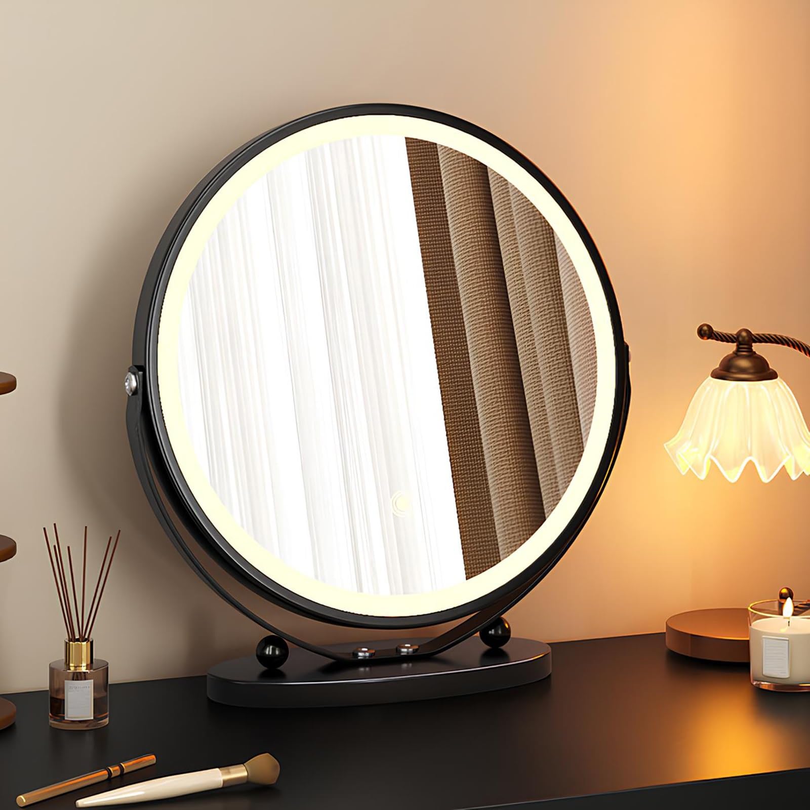 VQWQV Round Vanity Mirror With Lights, Large 360° Swivel LED Tabletop Mirror, Touch Control & 3 Dimmable Color, For Desk, Bedroom, Dressing Room(Black,30cm/11.8in)