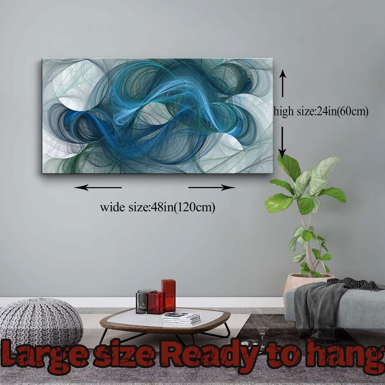 Large Framed Abstract Blue Green Line Wall Art Modern Large Canvas Painting Contemporary Abstract Lines Poster Prints Picture for Living Room Bedroom Office Ready to Hang 24x48 Inch