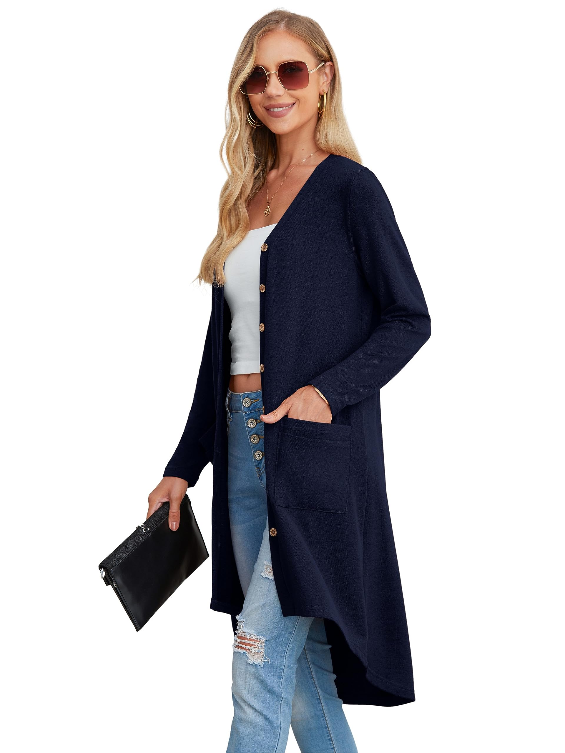 GRECERELLE Cardigan Lungo da Donna Cardigan Elegante a Manica Lunga Laterale con Bottoni e Tasche
