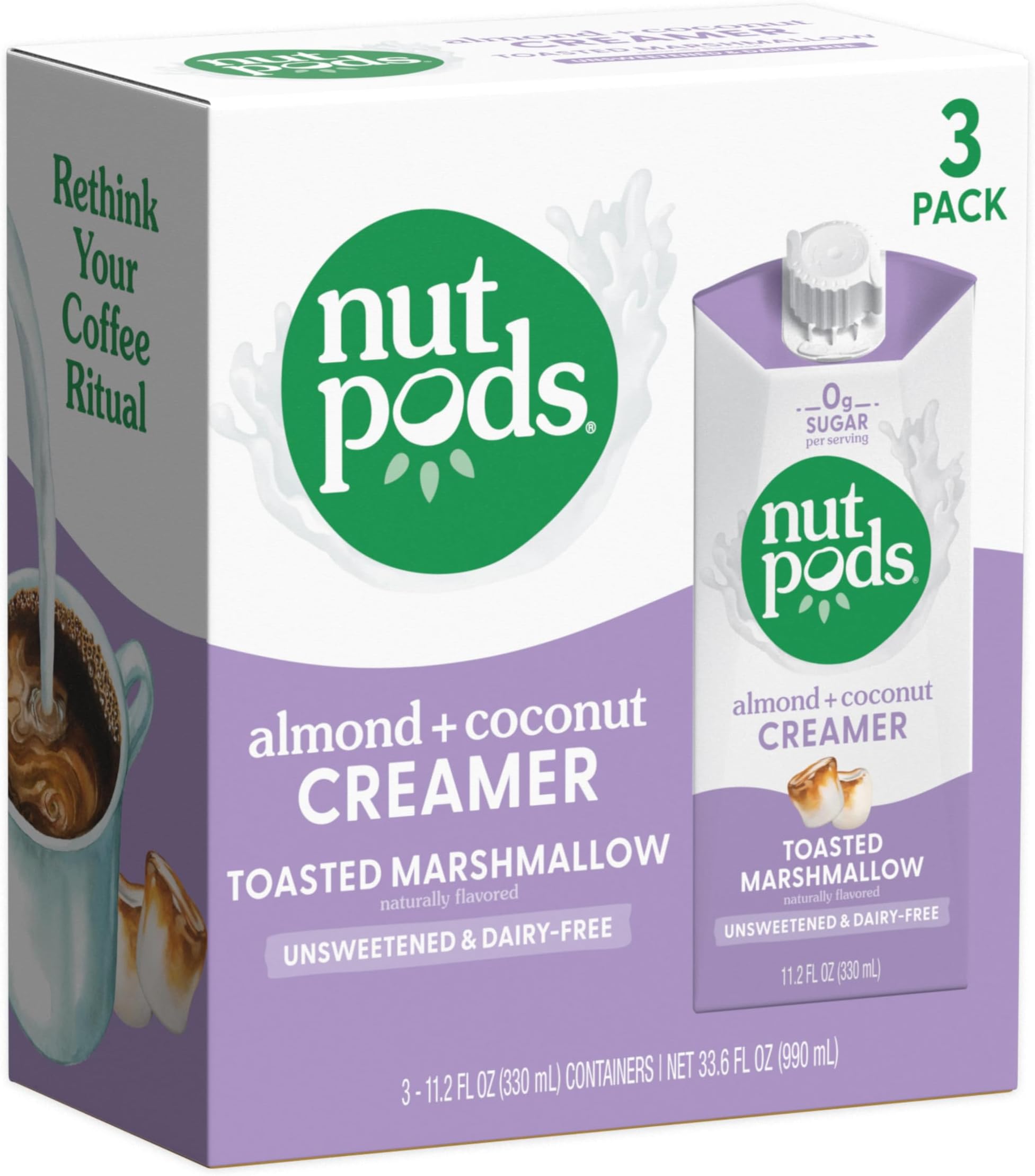 Toasted Marshmallow Coffee Creamer - Unsweetened Non Dairy Creamer Made from Almonds and Coconuts - Keto Creamer, Whole30, Gluten Free, Non-GMO, Vegan, Sugar Free, Kosher (3-Pack)