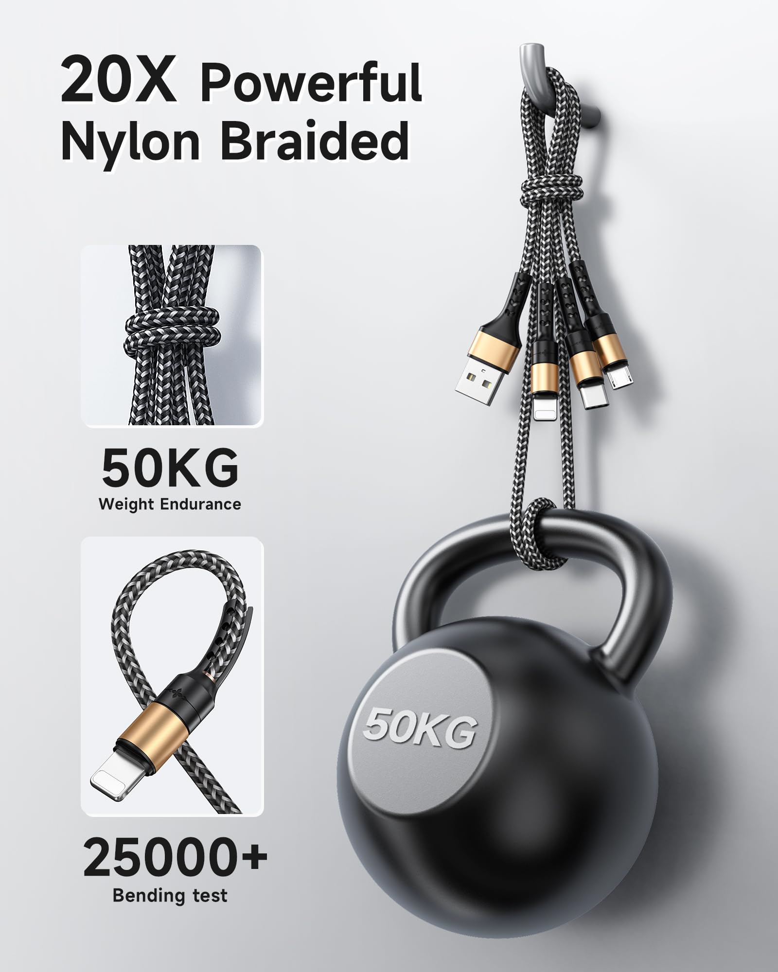RAVIAD Multi Cavo di Ricarica, 3 in 1 Multiplo Cavetto [2M] Micro USB Tipo C Nylon Intrecciato Cavo di Ricarica USB per iPhone 16/15/14/13, Samsung S24/S23/S22/S10/S9/S8/S7, OnePlus- Oro