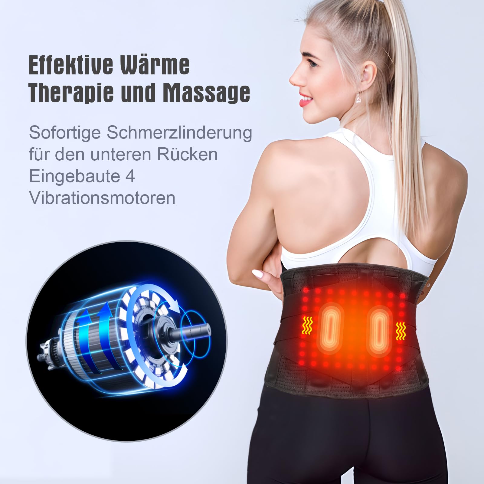 Massant pour lombaire avec chauffage, ceinture orthopédique chauffante pour soulager douleurs dos. 3 modes vibratoires, 6 niveaux chauffage, batterie rechargeable 5000 mAh, sans fil