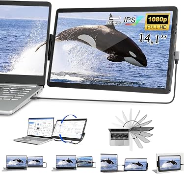 Laptop Screen Extender, 14.1" FHD 1080P IPS Laptop Monitor Extender Dual Screen, Rotatable Mountable Portable Monitor for Laptops with USB-C / HDMI Port, Plug and Play for Windows/Mac/Android