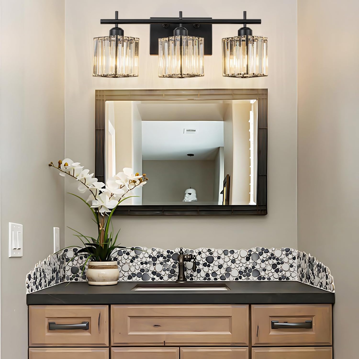 Modern Crystal Bathroom Vanity Lights Over Mirror, 3-Light Matte Black Bathroom Lighting Fixtures, Wall Light Fixtures for Hallway