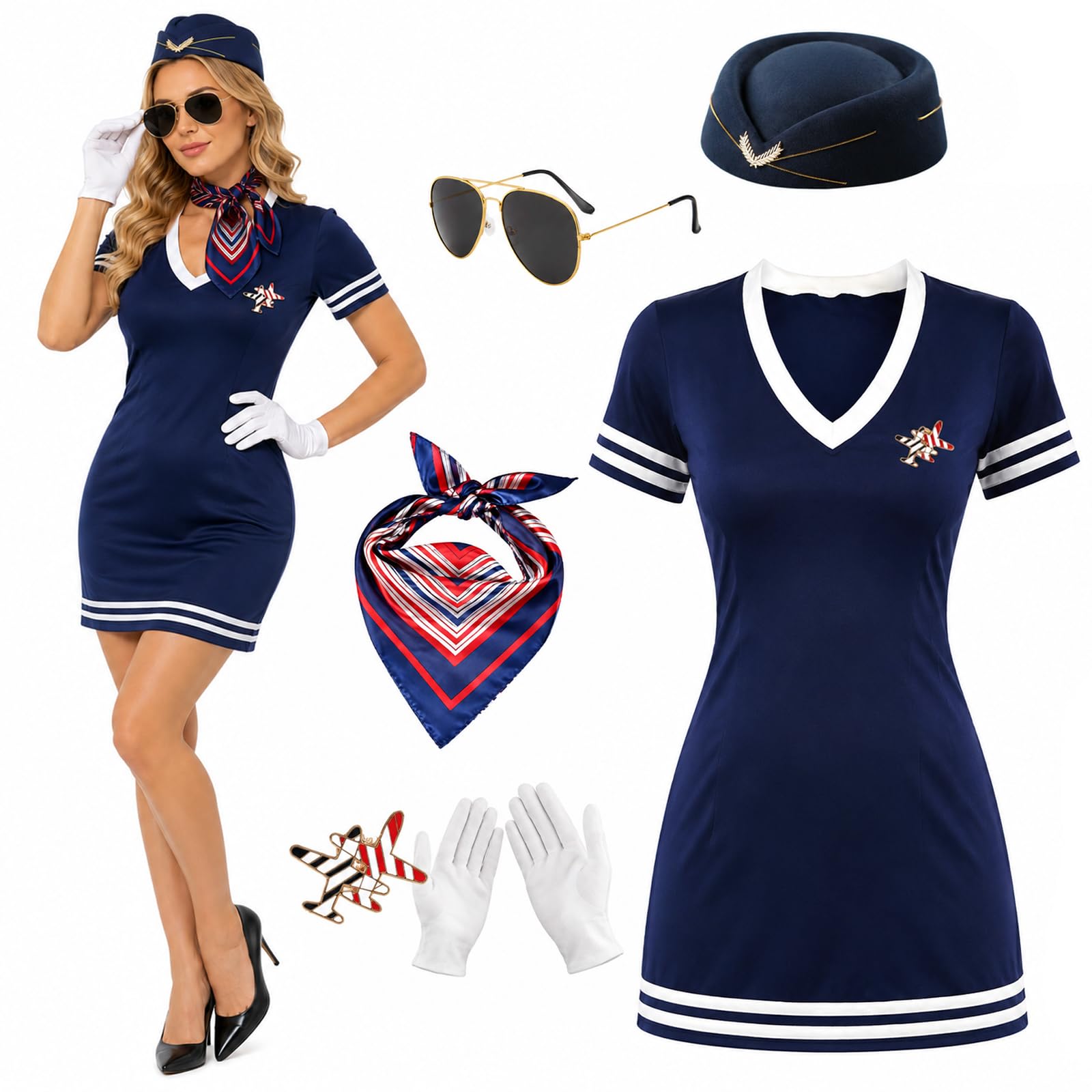 PANMAY 6Pcs Airline Stewardess Costume Flight Attendant Fancy Dress Kit with Dress Stewardess Hat Scarves Brooch Sunglasses Halloween Air Hostess Cosplay Dress Up Costume (XL)