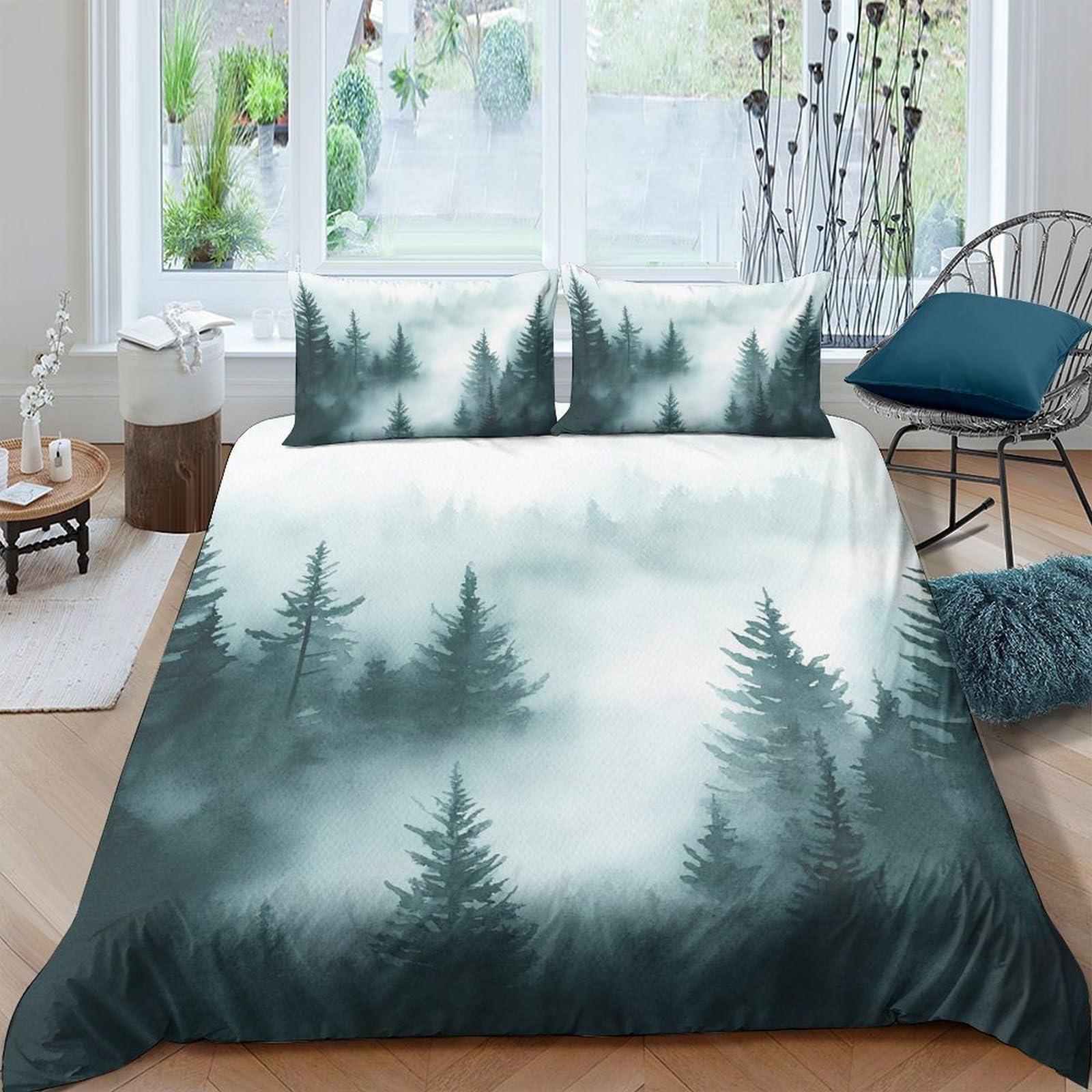 GPLZQXKJNH 3D Printed Misty Forest Duvet Cover Microfiber Soft Breathable Pine Tree Bedding Set with 2 Pillowcases for Bedroom Decor Single（135x200cm）