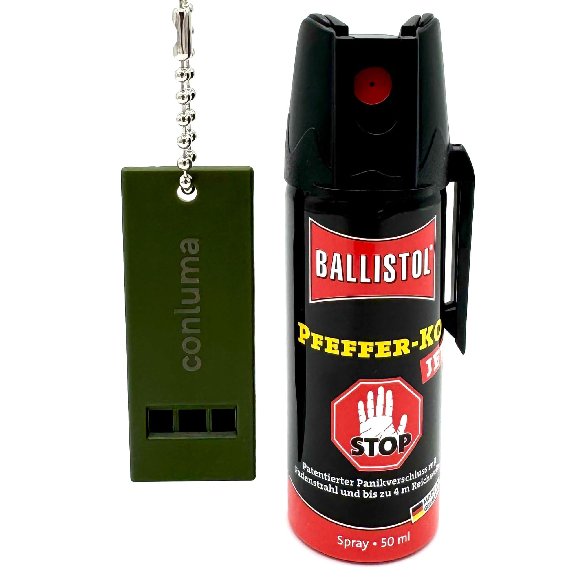 Pfefferspray mit Panikverschluss 50ml – KO-Spray & Tierabwehrspray zur Selbstverteidigung mit 4m Reichweite – Sicherheits-Set inklusive lauter Signalpfeife (1)