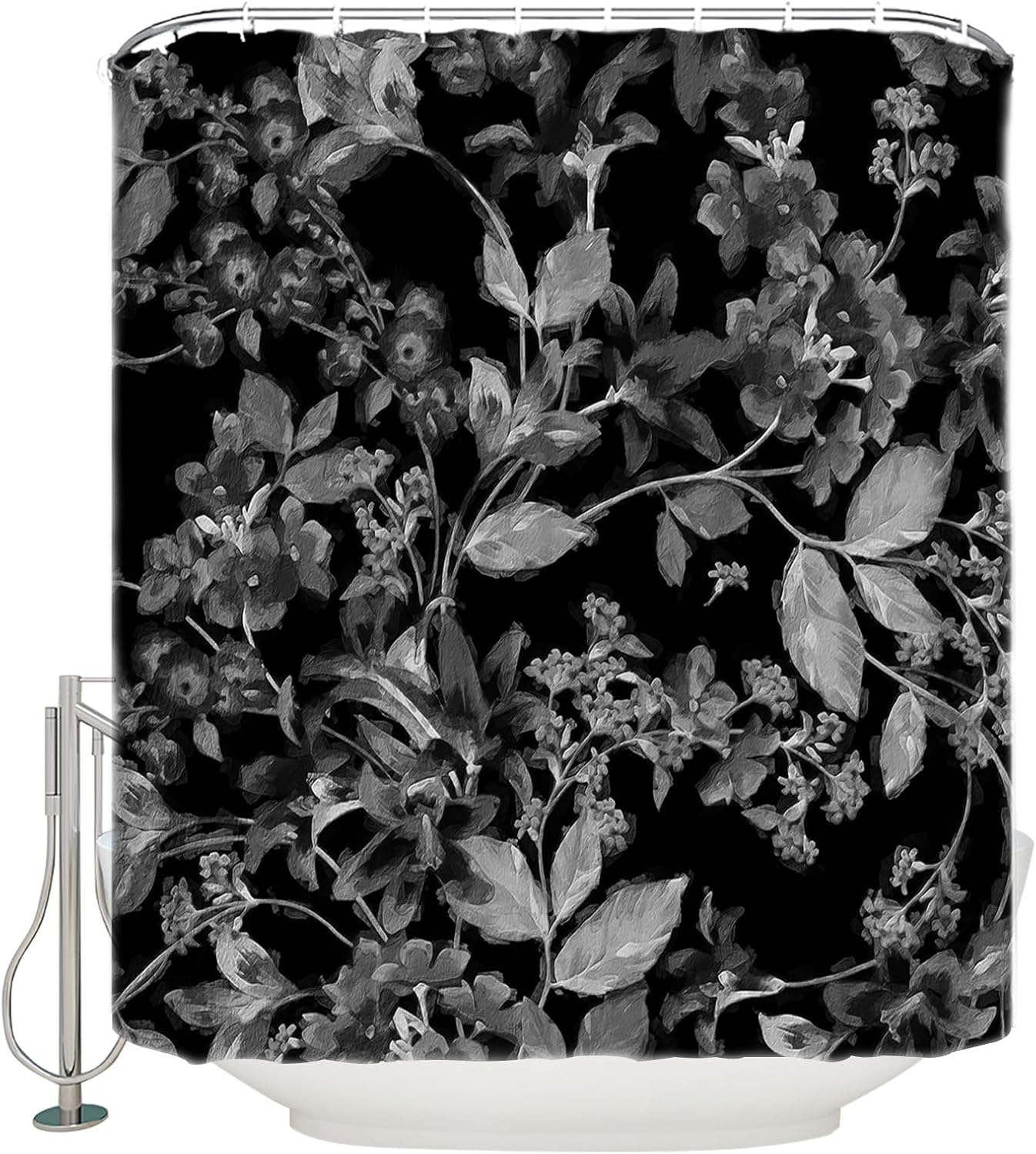Abstract Shower Curtain for Bathroom 72" x 78", Gradient Black and White Flowers Leaves Shower Curtain with Hooks Polyester Waterproof Home Bathtub Decor