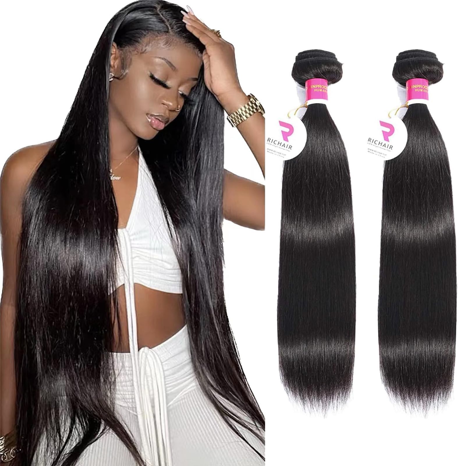 Brazilian Hair Bundles 2 Bundles 20 20 Inch Brazilian Straight Human Hair Bundles 50g/piece (100g Total) 100% Unprocessed Weave Bundles Human Hair Natural Black Color