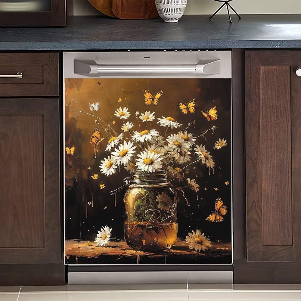 Vase Daisy Dishwasher Magnet Cover Sticker Butterfly Decor Kitchen Refrigerator Magnetic Home Vintage Dish Washer Panel Vinyl Decal 23x26inch, Rimyy49-7