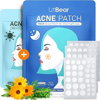 LitBear Acne Pimple Patches- Day and Night 4 Sizes 180 Dots Thin & Thick Hydrocolloid Patches with Witch Hazel, Tea Tree &...