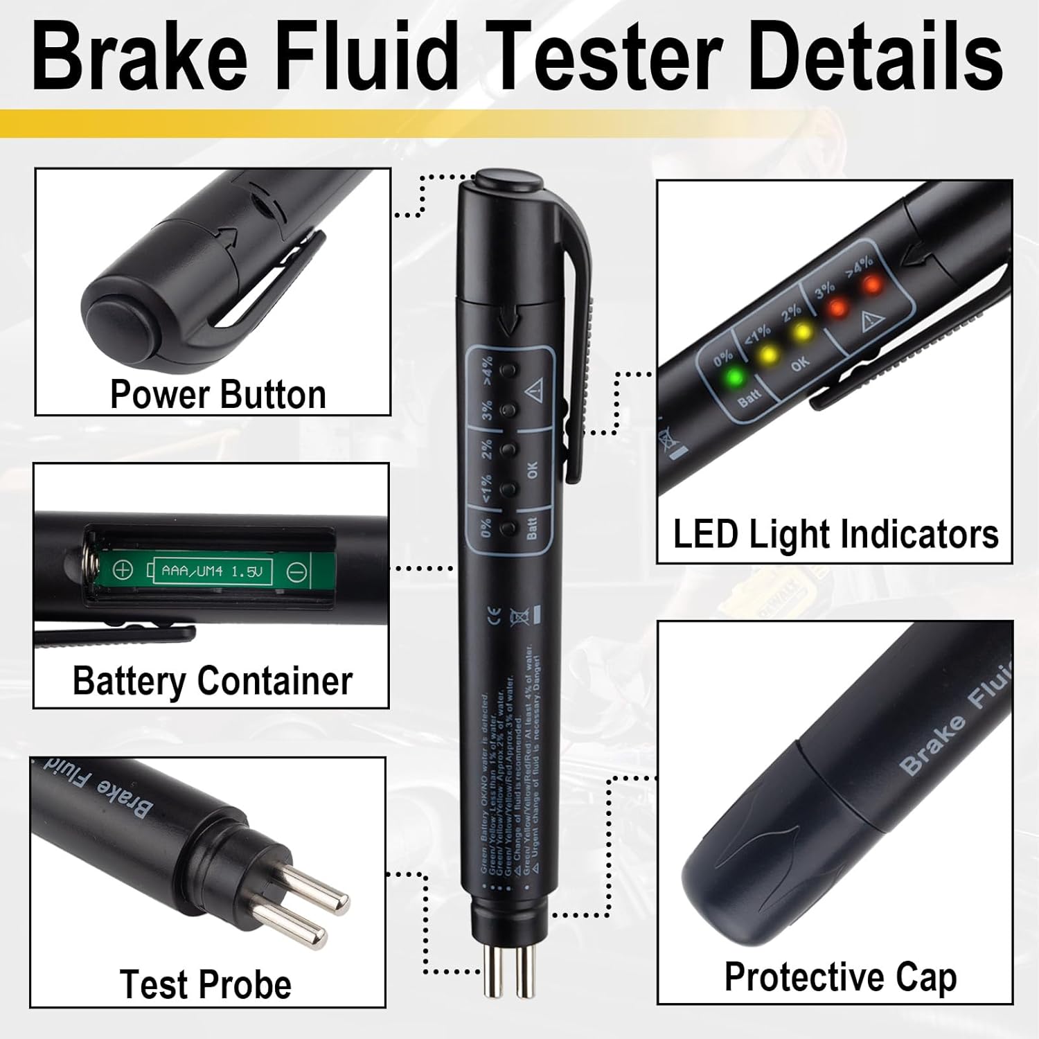 ecocstm Brake Fluid Tester, Brake Fluid Moisture Tester, Brake Fluid Liquid Tester Pen with 5 LED Indicators, Auto Brake Diagnostic Checker Tool for DOT3 DOT4 DOT5.1 Brake Fluid