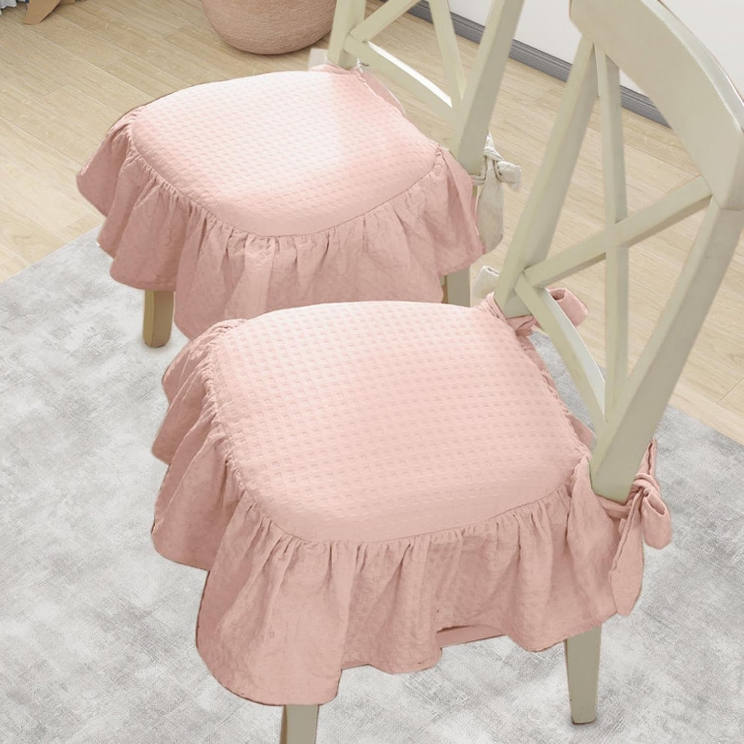 Ruffled Chair Cushions, French Cotton Seat Cushion, 17inch Ruffled Chair Cushion for Kitchen Dining Room Chairs with Ties and Cotton Filled (1, Pink)