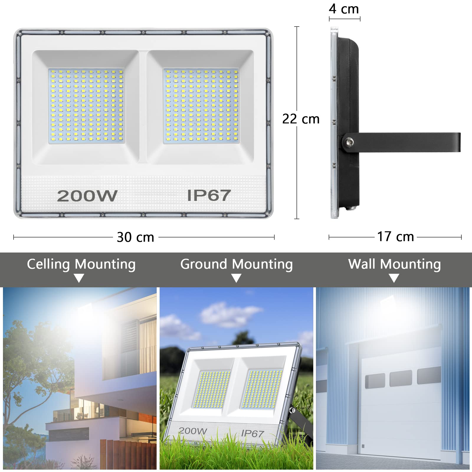 YIQIBRO LED Strahler Außen 200W 2 Stück, 2 in 1 Fluter 20000LM Superhell Aussenstrahler, 7000K Kaltweiß LED Scheinwerfer mit Trafo, IP67 Wasserdicht Außenbeleuchtung für Garten Hof Sportplatz