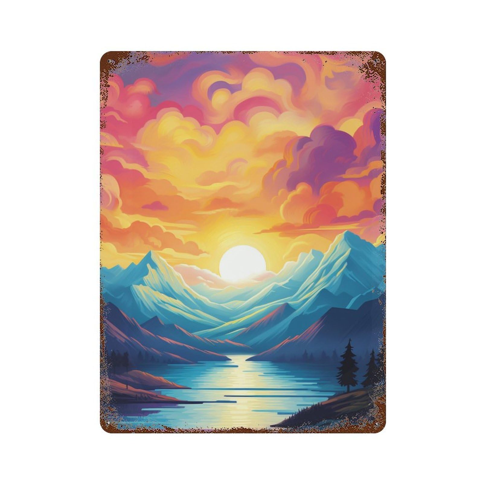 Sunset Mountain Lake Landscape 15.7"x11.8" Weathered Tin Sign, Shabby Chic Decor for Farmhouse, Kitchen And Entryway Decor