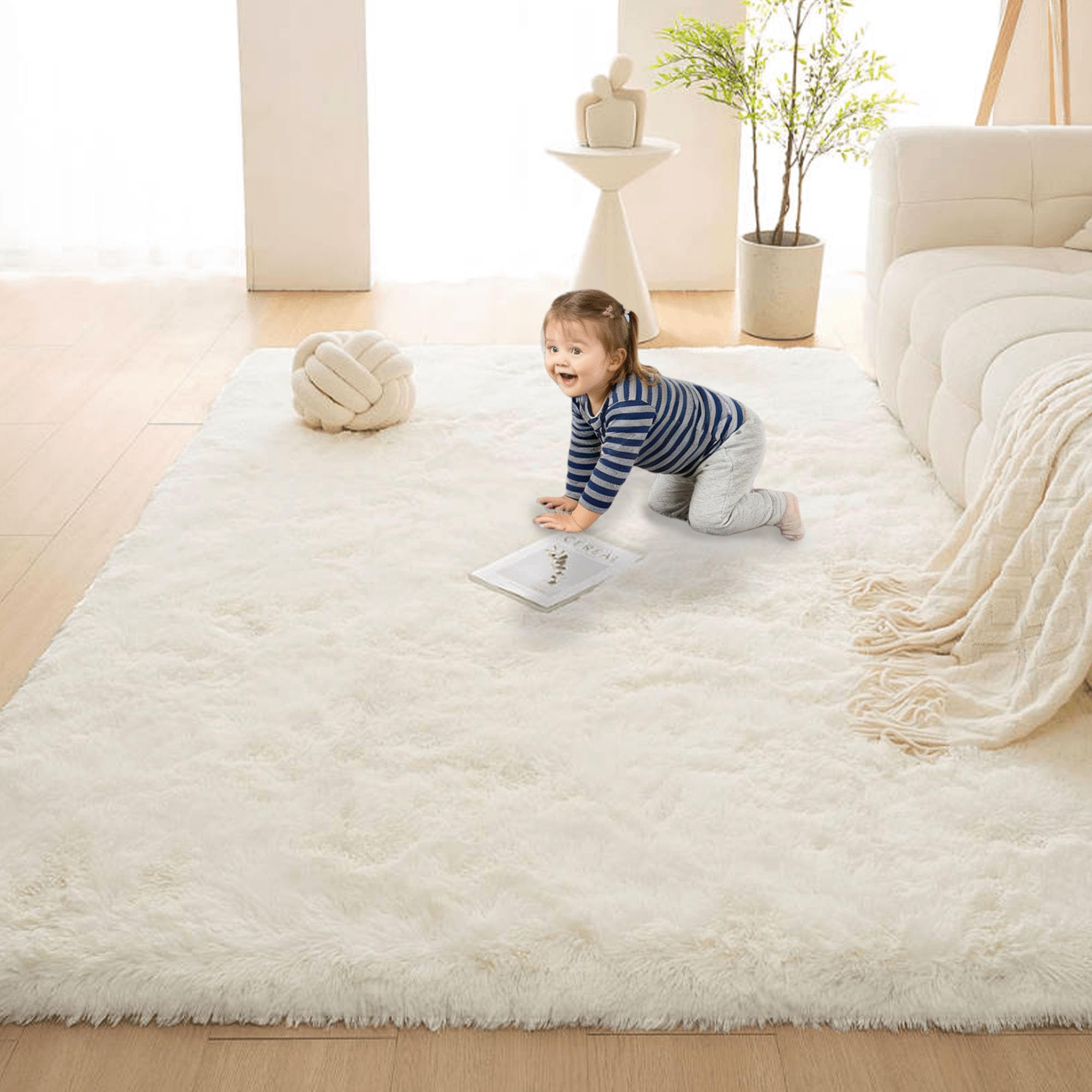 Tapis de salon crème 210x230 cm | Grand tapis shaggy lavable pour chambre moderne