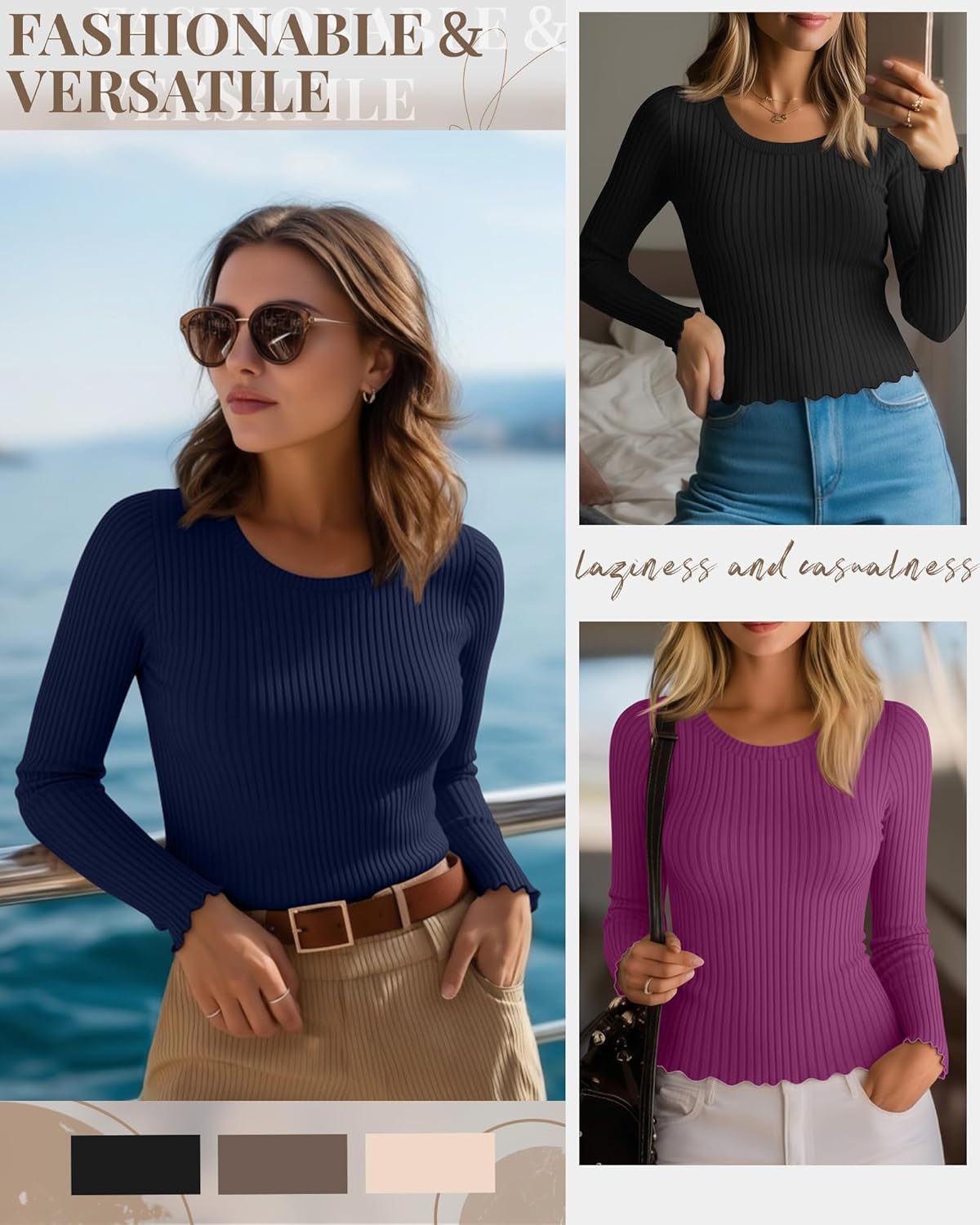 3 Pack Cotton Womens Ribbed Shirt Long Sleeve Undershirt Crewneck Fitted Tops Stretch Knit Lettuce Trim Casual Tee - Image 2