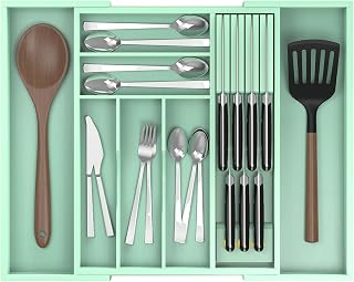 Bamboo Kitchen Drawer Organizer, Expandable Utensil Organizer with Removable Knife Block, Cutlery Tray Holder with Divider, Adjustable Silverware Organizer, Cyan