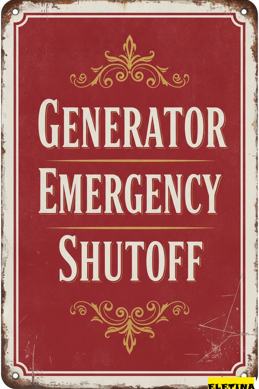 Personalized Sign for Man Cave Generator Emergency Shut Off Warning S Metal Private Property Caution Notice With English Text, Red Decorative