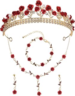 Hicarer 4Pcs Tiara Rose Rhinestone Jewelry Set for Halloween | Rhinestone Gold Crown Necklace Bracelet Earring for Halloween Costume women Wedding Prom Flower Jewelry Party Accessories