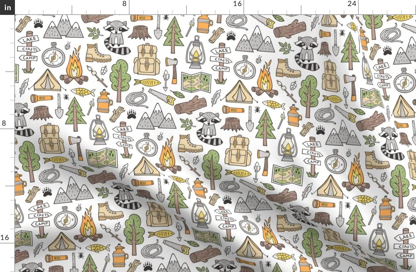 Spoonflower Fabric - Outdoors Camping Woodland Doodle Campfire Mountains Trees Logs White Printed on Polartec(R) Fleece Fabric by The Yard - Sewing Blankets Loungewear and No-Sew