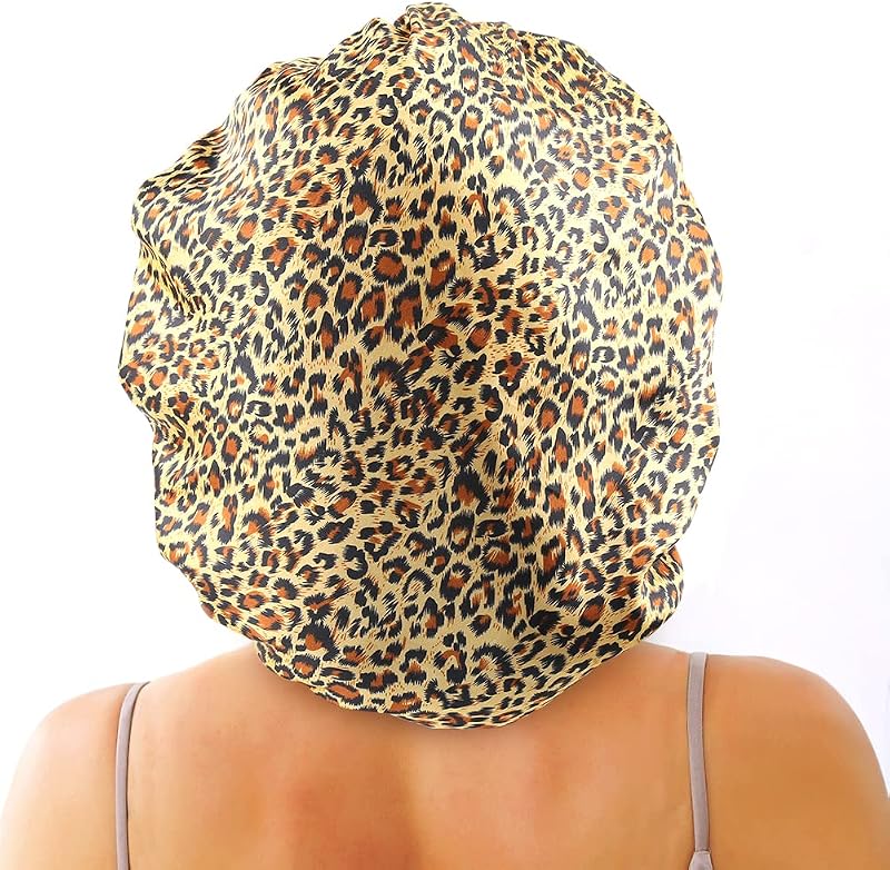Touca de cetim com tranças greatremy, dupla camada, tamanho grande, estampa Leopard Grain