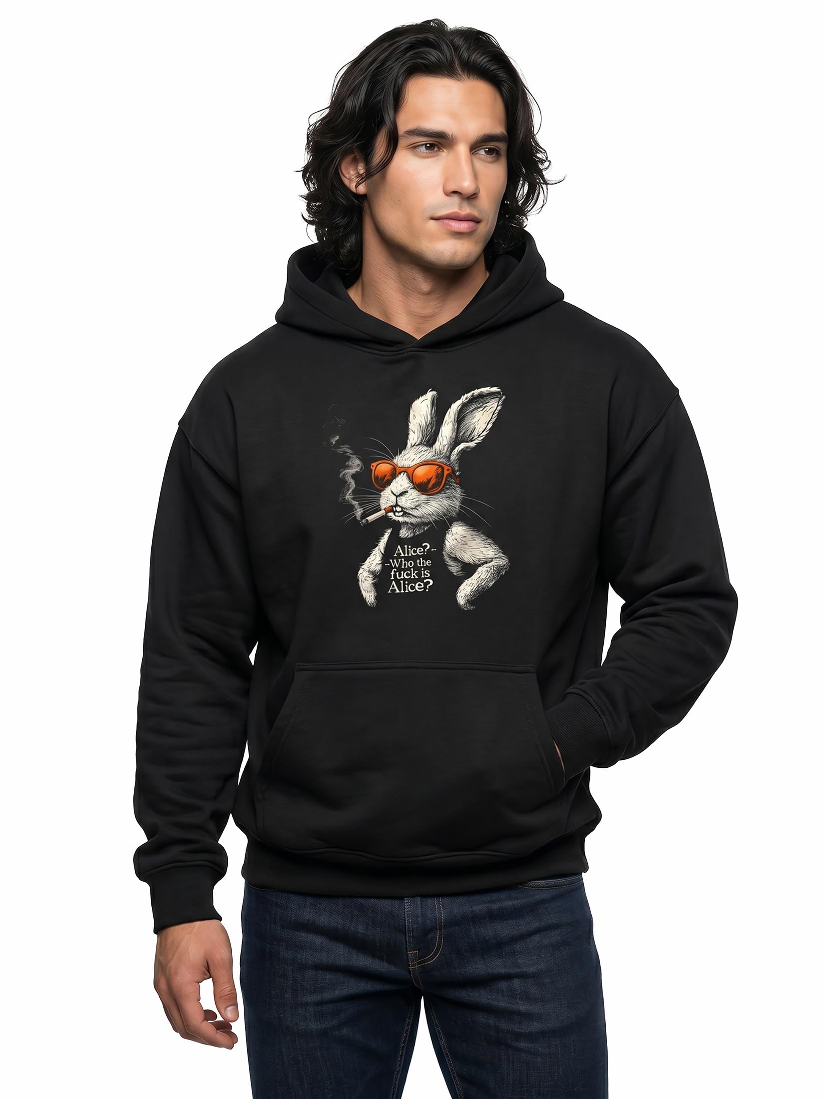 MAKAYA bluza z kapturem męska z napisem Who is Alice zabawny nadruk z motywem królika hoodie