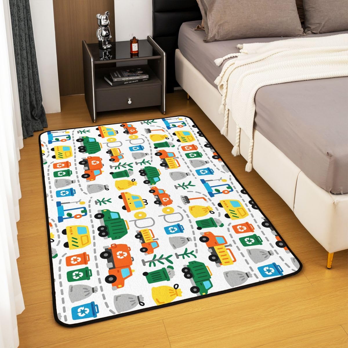 Homewish Müllabfuhr 150x200 Teppiche Wohnzimmer Müllwagen Rug Pflegeleicht Handgezeichnetes Recycling Thema Teppich Mülleimer Besen Säcke Bäume Carpet Living Room