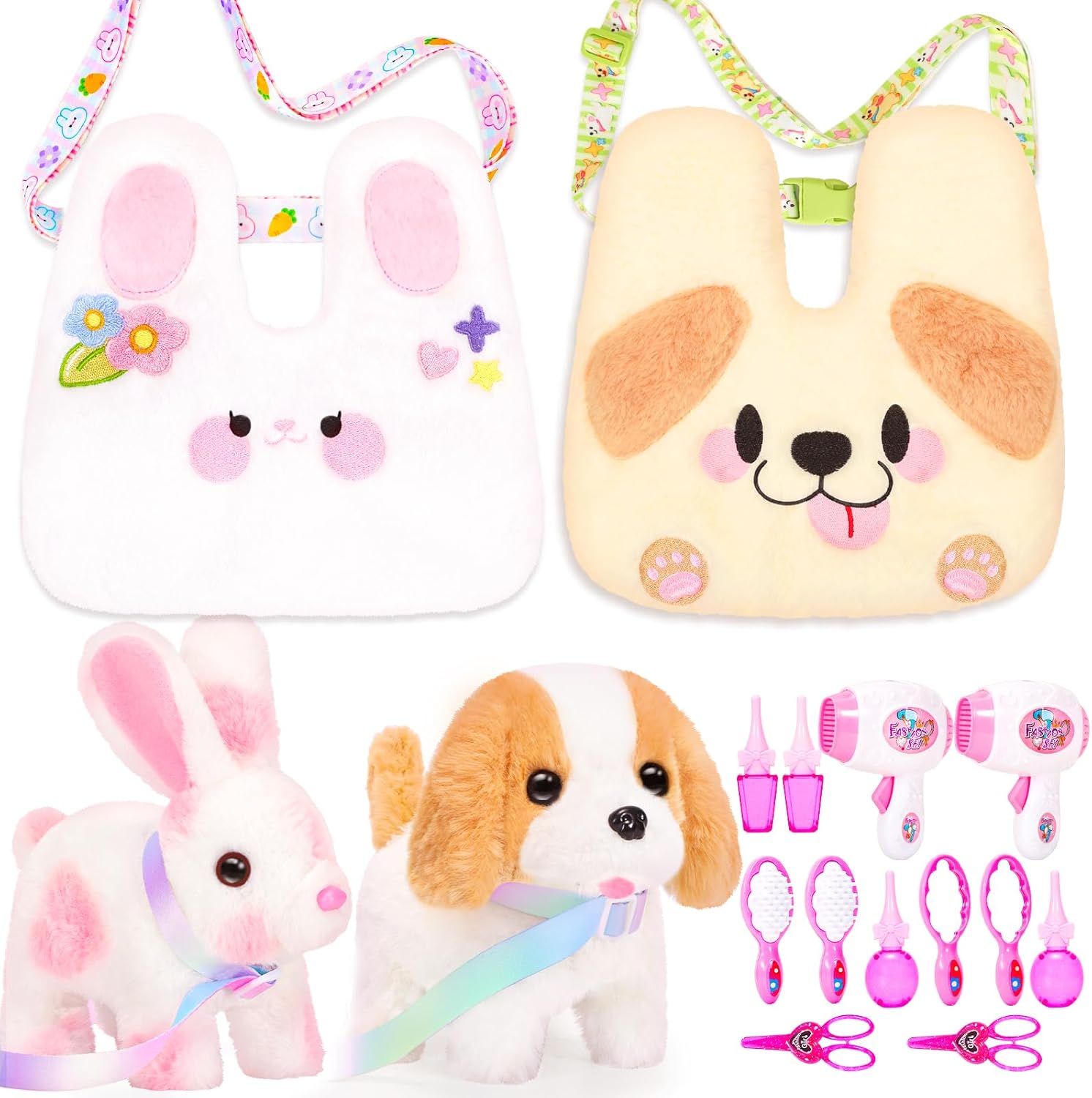 Plush Bunny Toys and Dog Toys with Crossbody Bags, Puppy Rabbit Stuffed Animals with Pets Pretend Play Cute Stuff Interactive Electronic Plushies for Toddler Kids Toys