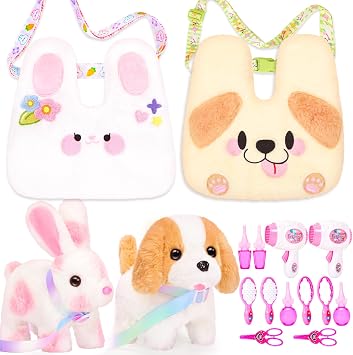 NINAOR Plush Bunny Toys and Dog Toys with Crossbody Bags, Puppy Rabbit Stuffed Animals with Pets Pretend Play Cute Stuff Interactive Electronic Plushies for Toddler Kids Toys