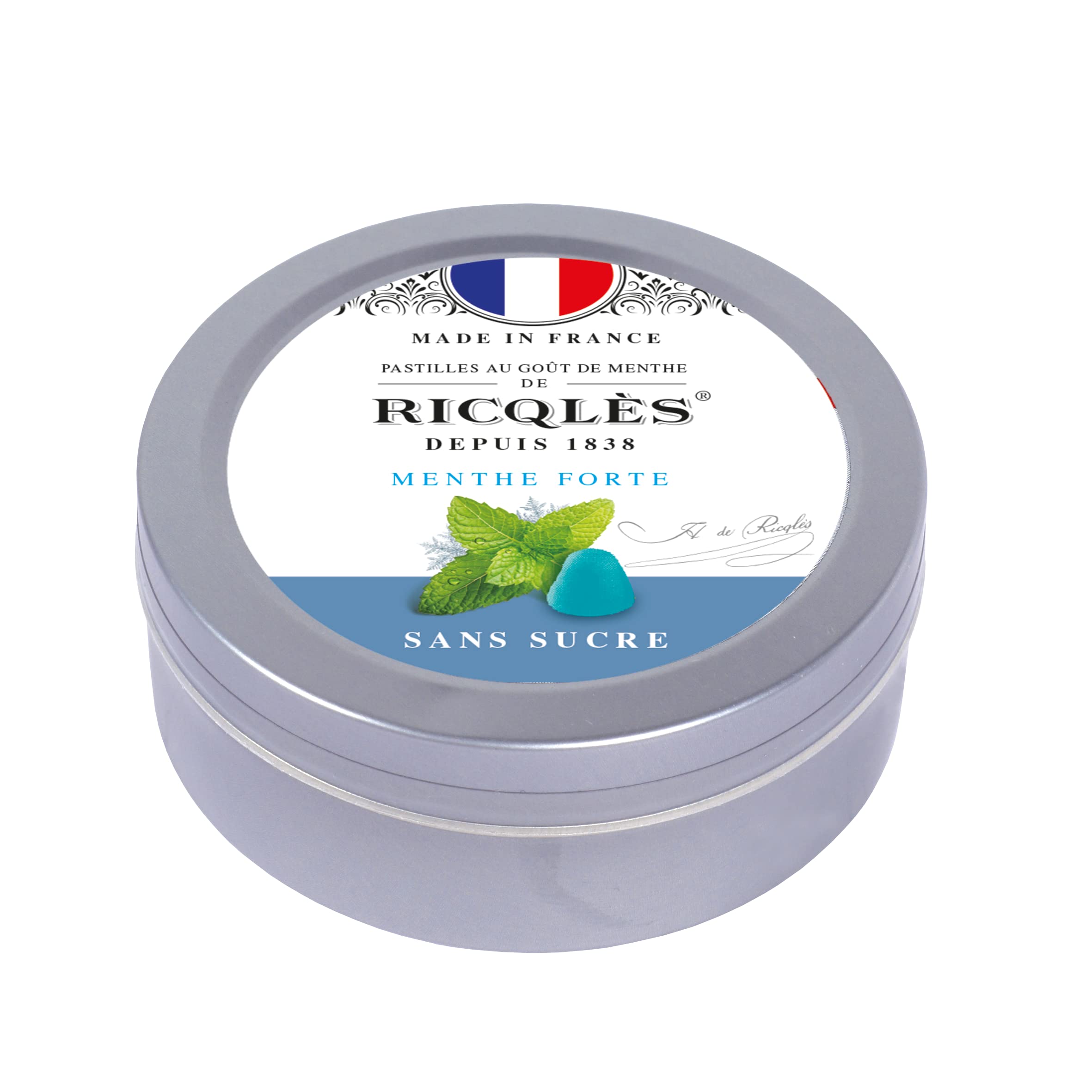 RICQLES-PASTILLES MENTHE SANS SUCRES Haleine Fraîche Mal des transports Goût menthe forte Boîte en métal 45g