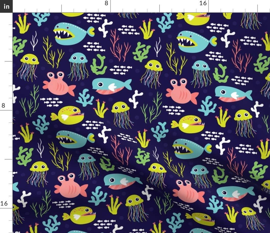 Spoonflower Fabric - Deep Water Fish Sea Life Kids Animals Fun Ocean Coral Reef Squid Printed on Petal Signature Cotton Fabric by The Yard - Sewing Quilting Apparel Crafts Decor