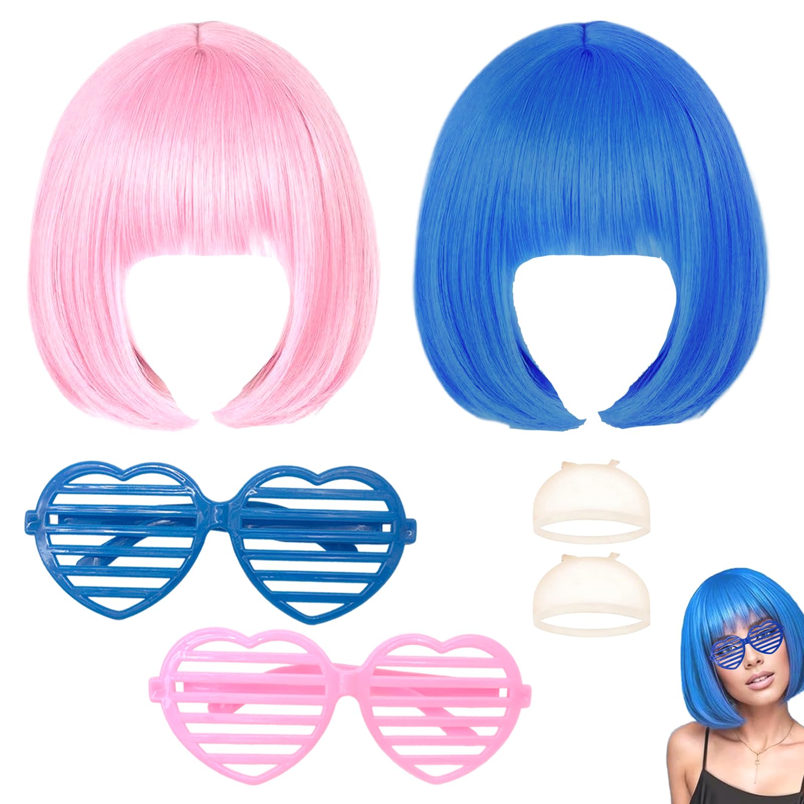 GMHLLES 2 Pcs Bob Wigs for Women Set Pink Wig, Blue Wig with 2 Hair Nets and 2 Heart Glasses for Role-Playing Parties