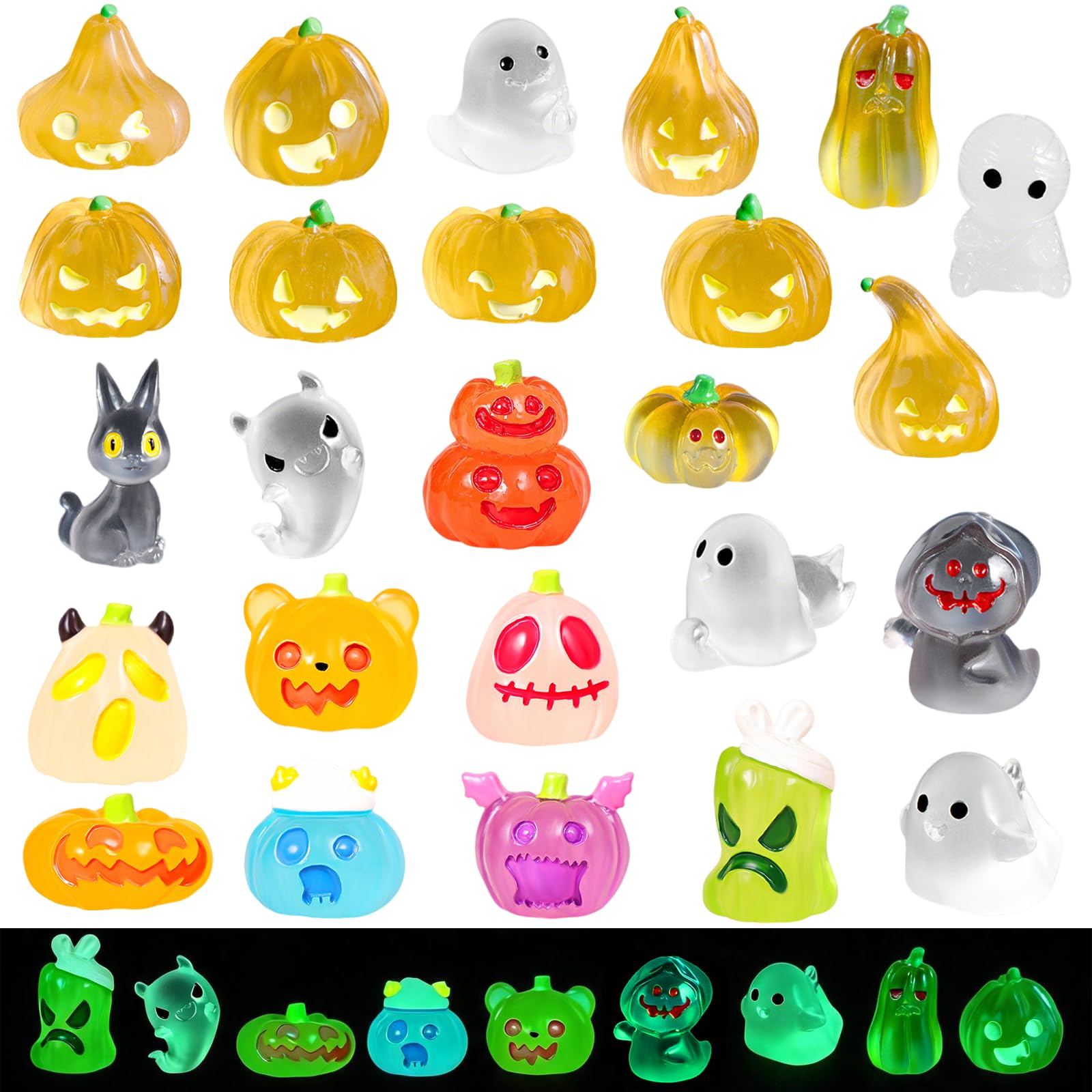 25PCS Halloween Mini Resin Pumpkin Ghost Figures Glow in Dark Decor