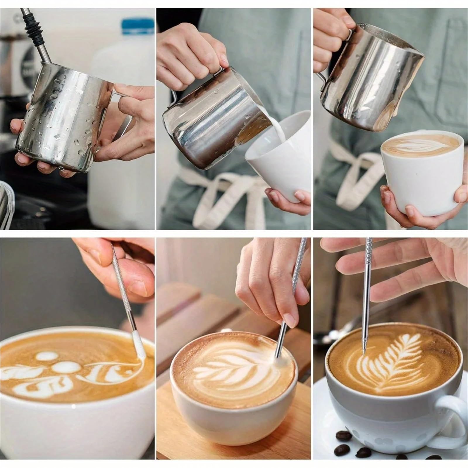 Jarra de espuma de leche de acero inoxidable, 2 uds., con marca de medición y bolígrafo de Arte Latte, fabricación de Arte Latte manual Para café(Silver-600ML-set)