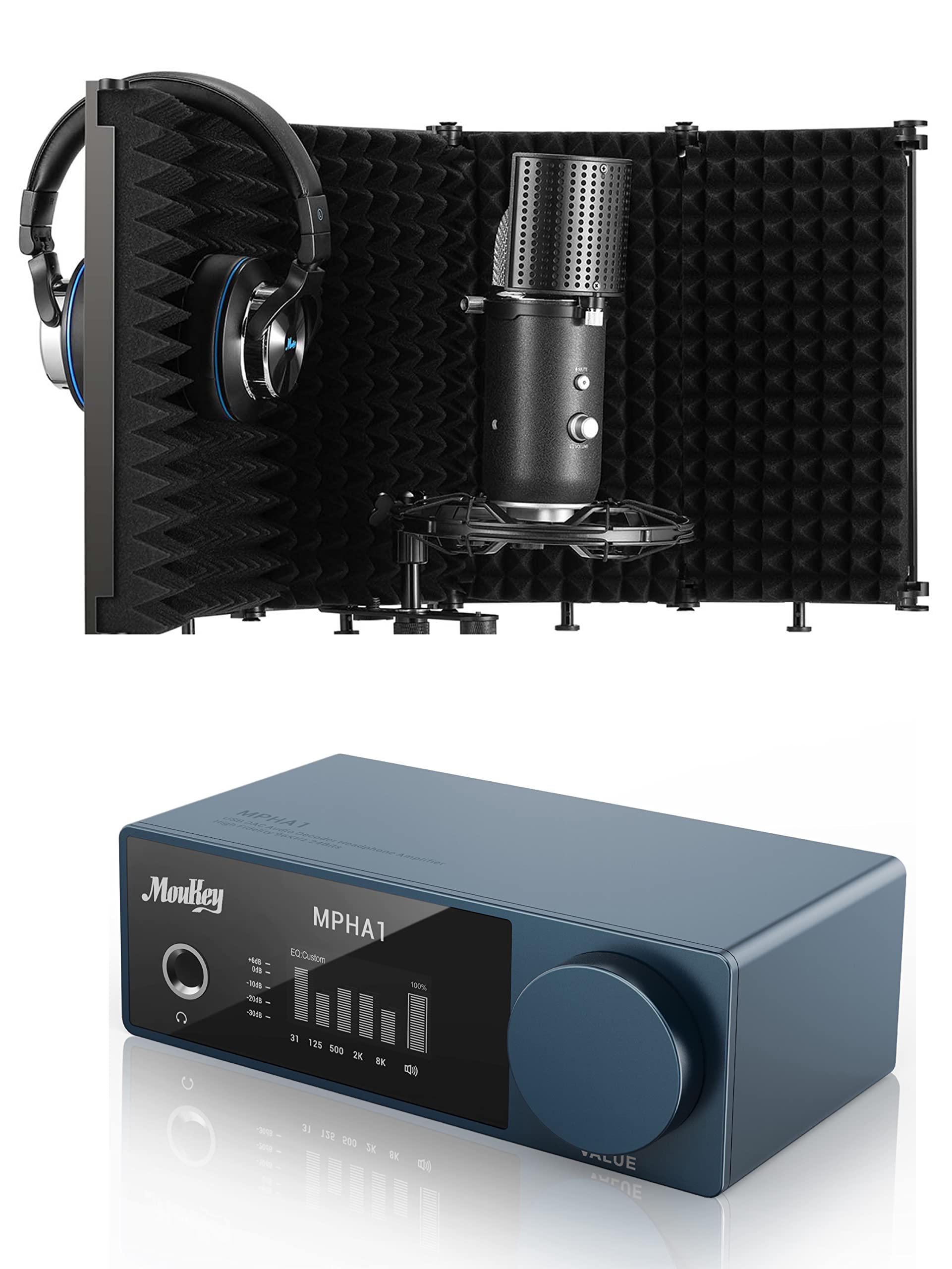 Moukey Headphone Amplifier Amp DAC/HiFi 96K/24Bit - Moukey Microphone Isolation Shield, Foldable Mic