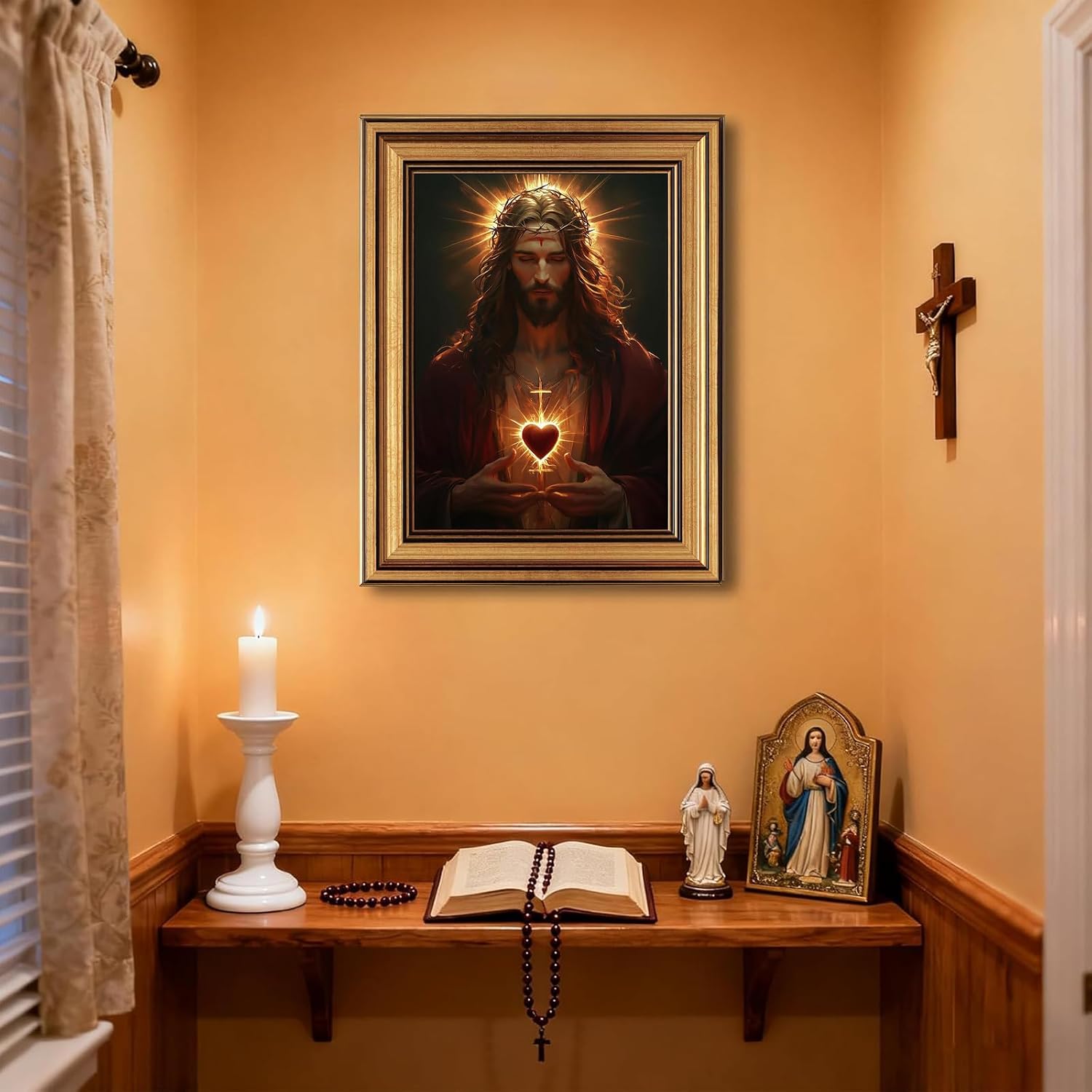 Sacred Heart of Jesus Wall Art Gold Framed Canvas - Christian Religious Painting with Crown of Thorns, Catholic Faith Wall Decor for Living Room Bedroom Church Prayer Room, 11x9 Inch