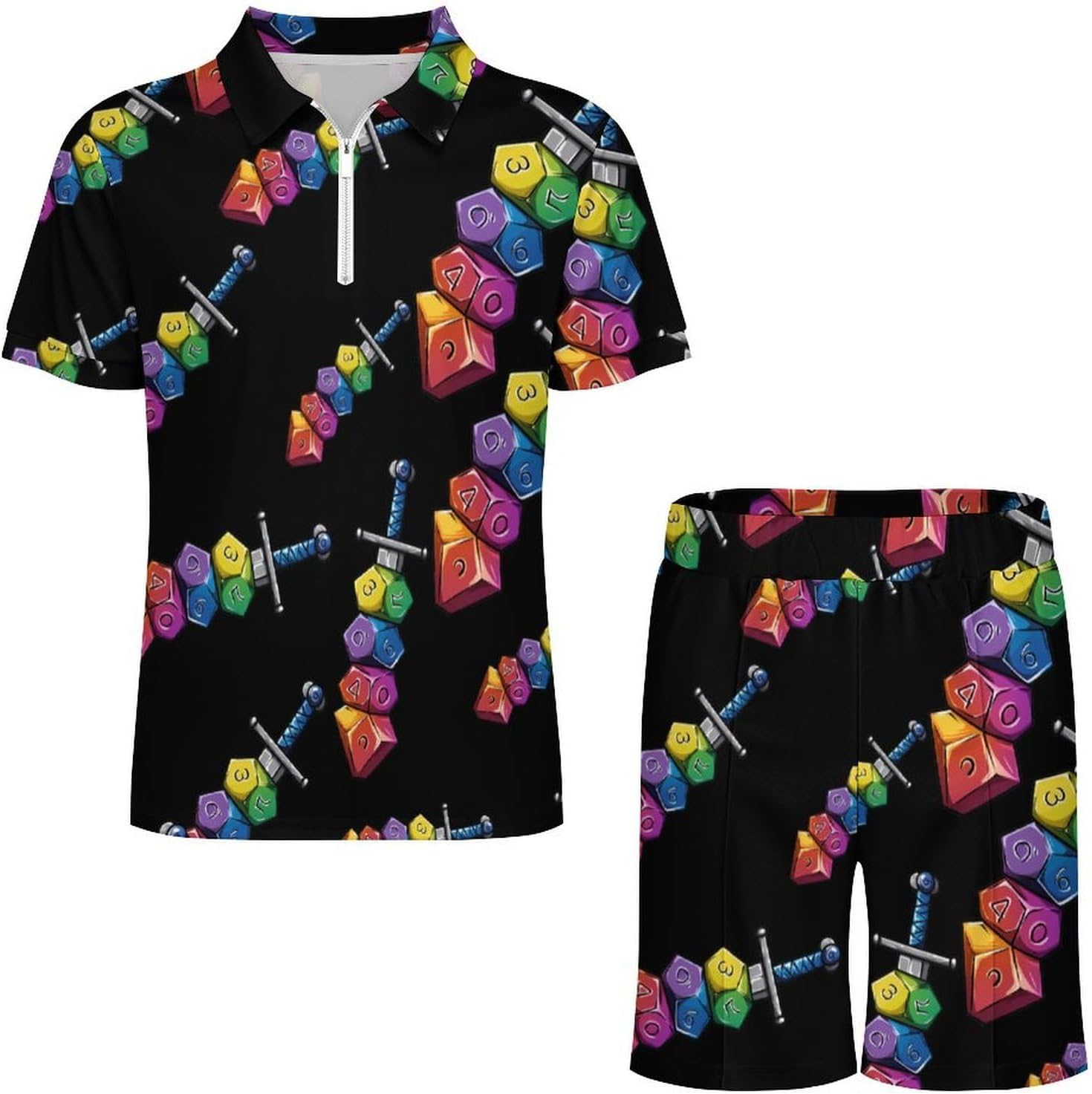 Colorful Dice Collector Sword Mens Polo Shirts Track Suits 2 Piece Short Sleeve Sweatsuit 1/4 Zip Golf Loungewear for Sports