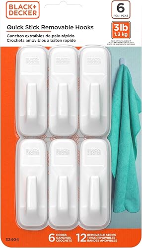 Miniatura 2 de BLACK+DECKER Ganchos de pared sólidos, adhesivo de adherencia rápida, extraíble, 6 ganchos de pared, 12 tiras adhesivas, colgar decoraciones sin