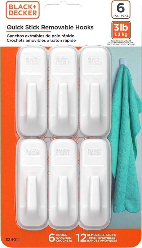 Black+Decker Solid Wall Hooks, Quick Stick Adhesive, Removeable, 6 Wall Hooks, 12 Adhesive Strips, Hang Decorations Without Damaging Walls, up to 3 lbs., White