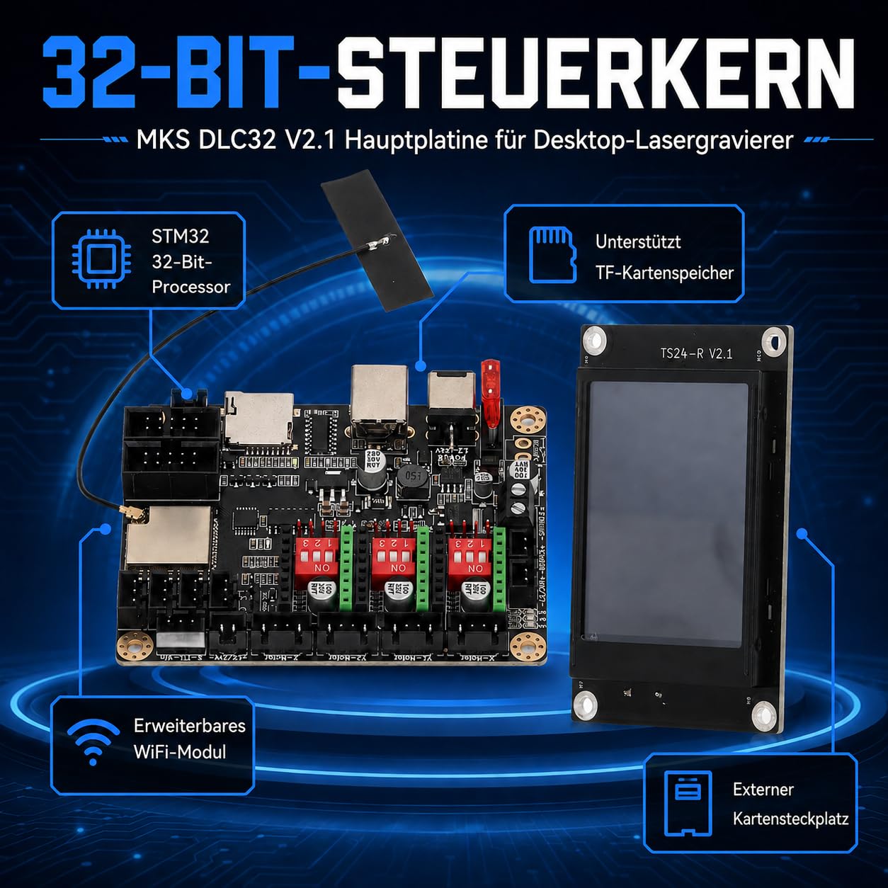 3D Drucker Motherboard, 12-24 VDC MKS DLC32 V2.1 Graviermaschinen-Motherboard 32-Bit WiFi Offline Steuerung Mit 2,4-Zoll-Touchscreen TS24-R V2.1 A4988 Schrittmotortreiber