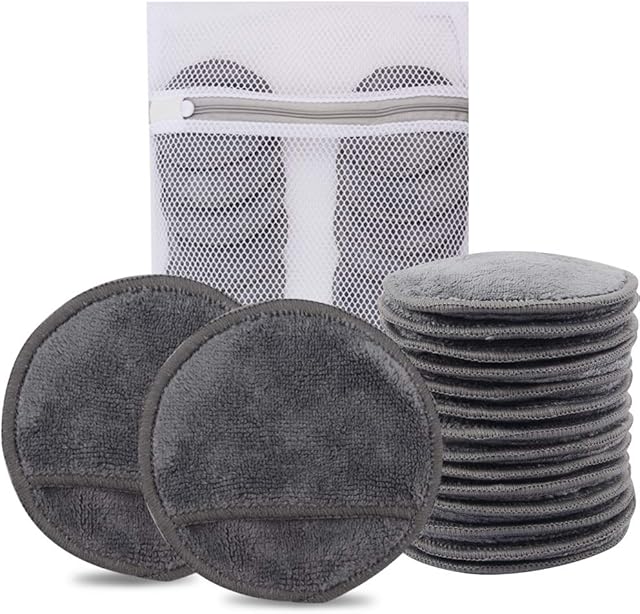 KinHwa 14 Pack Makeup Remover Pads Reusable Microfibre Round Face Pads for Face Eyes Lips Washable Face Cloths for All Skin Types Grey