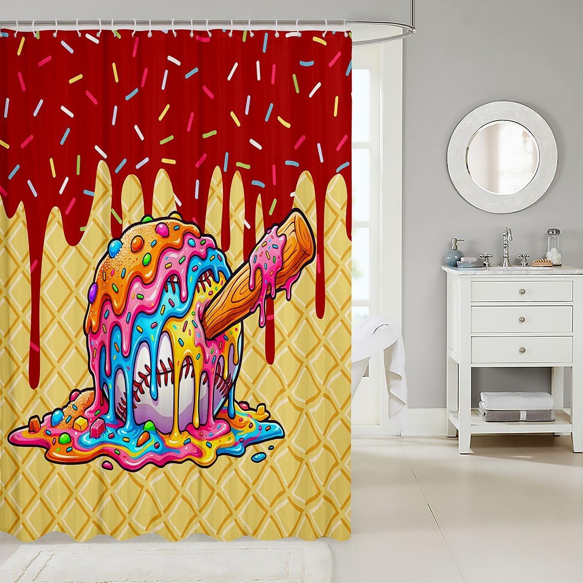 Erosebridal Baseball Ice Cream Shower Curtain Red Yellow Ice Cream Bathroom Shower Curtain Sets Trendy Ball Sports Baseball Waterproof Bathroom Curtains Funny Sweet Dessert Bath Curtain 72" Wx72 L image 2