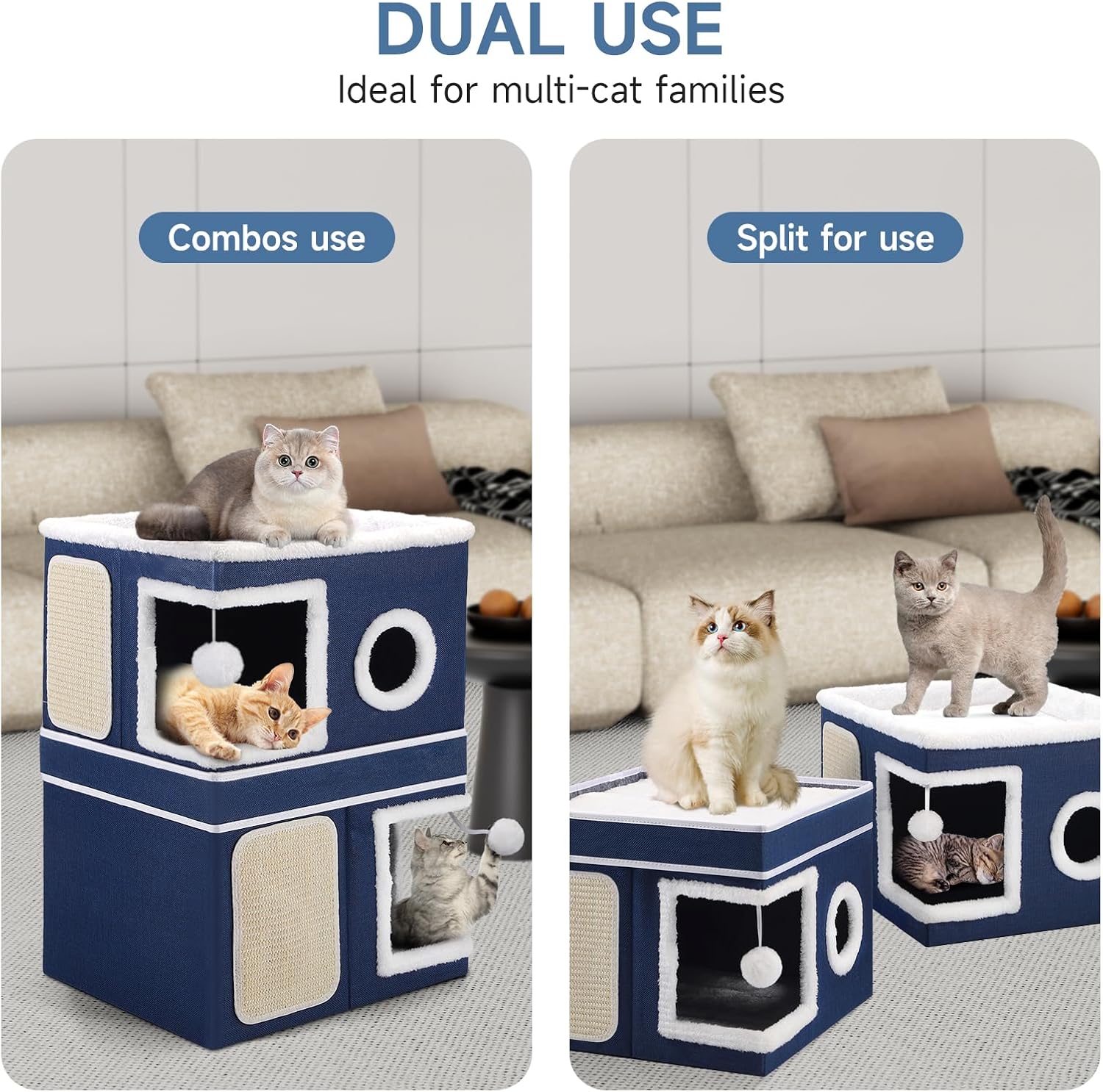 Shikha 2-Storey Cat Houses for Indoor Cats, Dual-Purpose Double Large Cat Beds Cave with Hideaway Condos, Scratch Pads, Fluffy Balls, Foldable Indoor Cat Cube House for Multi Small Pets Kitten, Blue