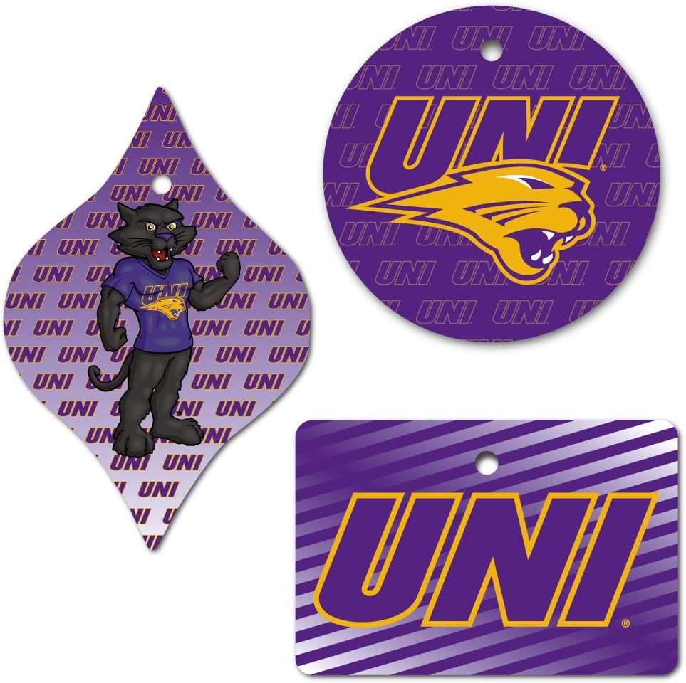 VictoryStore Holiday Ornaments: University of Northern Iowa Ornaments Set of 3, 1 Round, 1 Rectangle and 1 Tapered